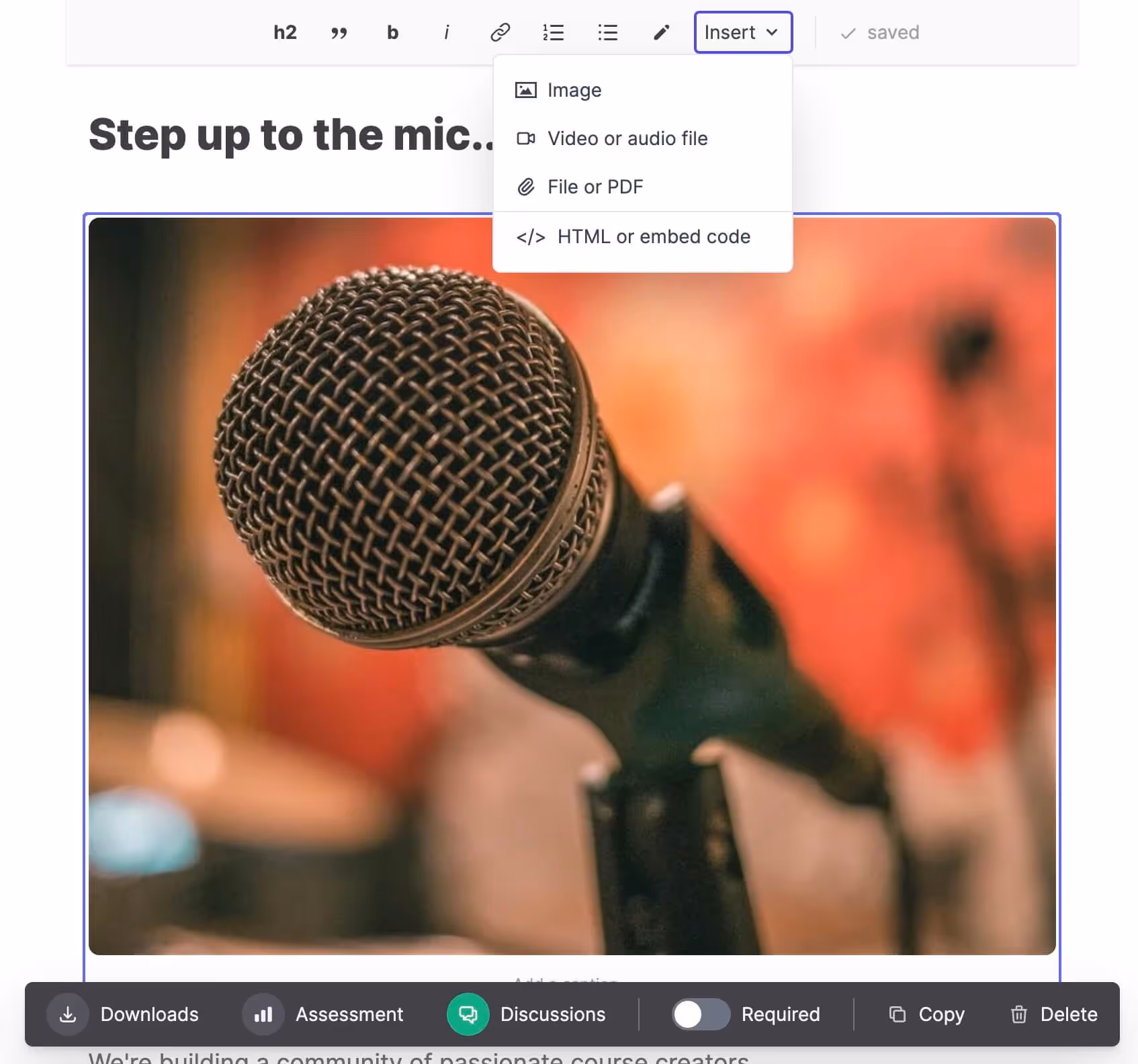 Content editor Insert menu showing Image, Video, Audio, PDF, and embed options